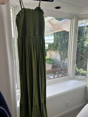 Anthropologie Olive Green Maxi Dress with Smocked Bodice